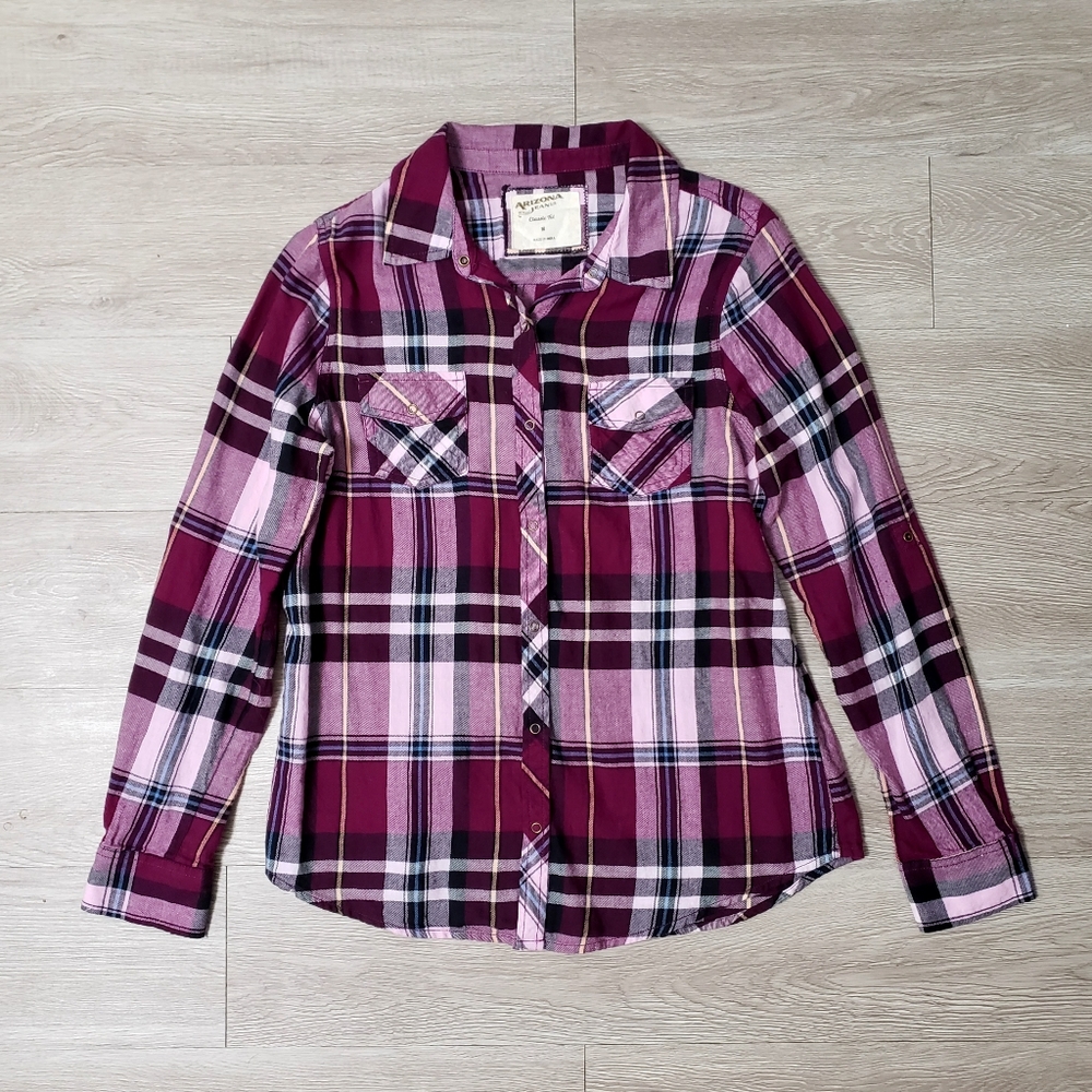 Purple & black plaid snap button shirt size Medium Fall casual